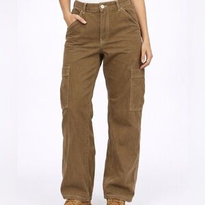 H&M Womens Brown Cargo Utility Workwear Constrast Stitch Straight Leg Pants, 10